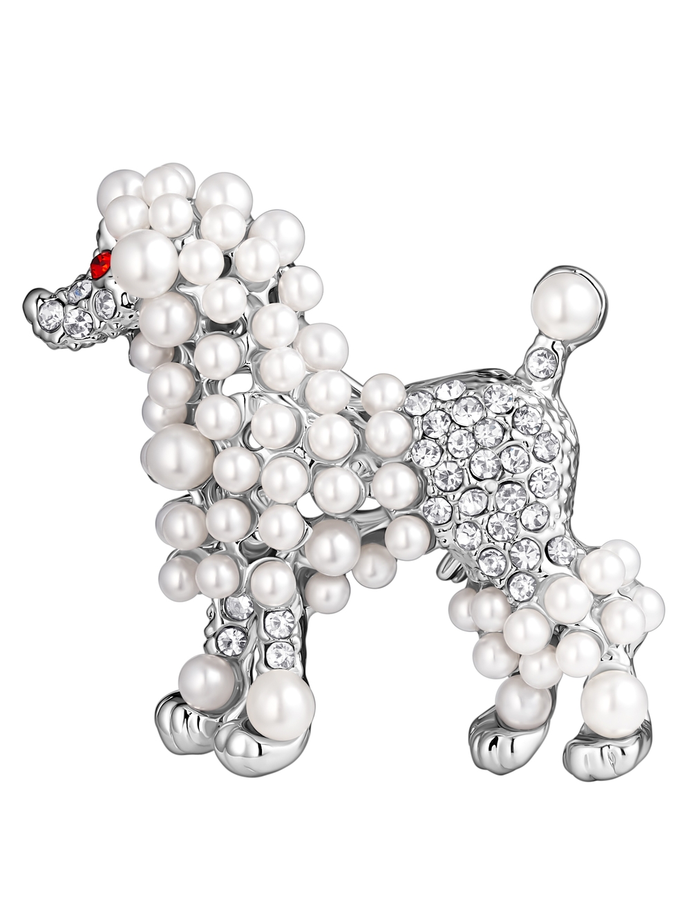 Elegant White Pearl Poodle Dog Brooch - Silver Tone